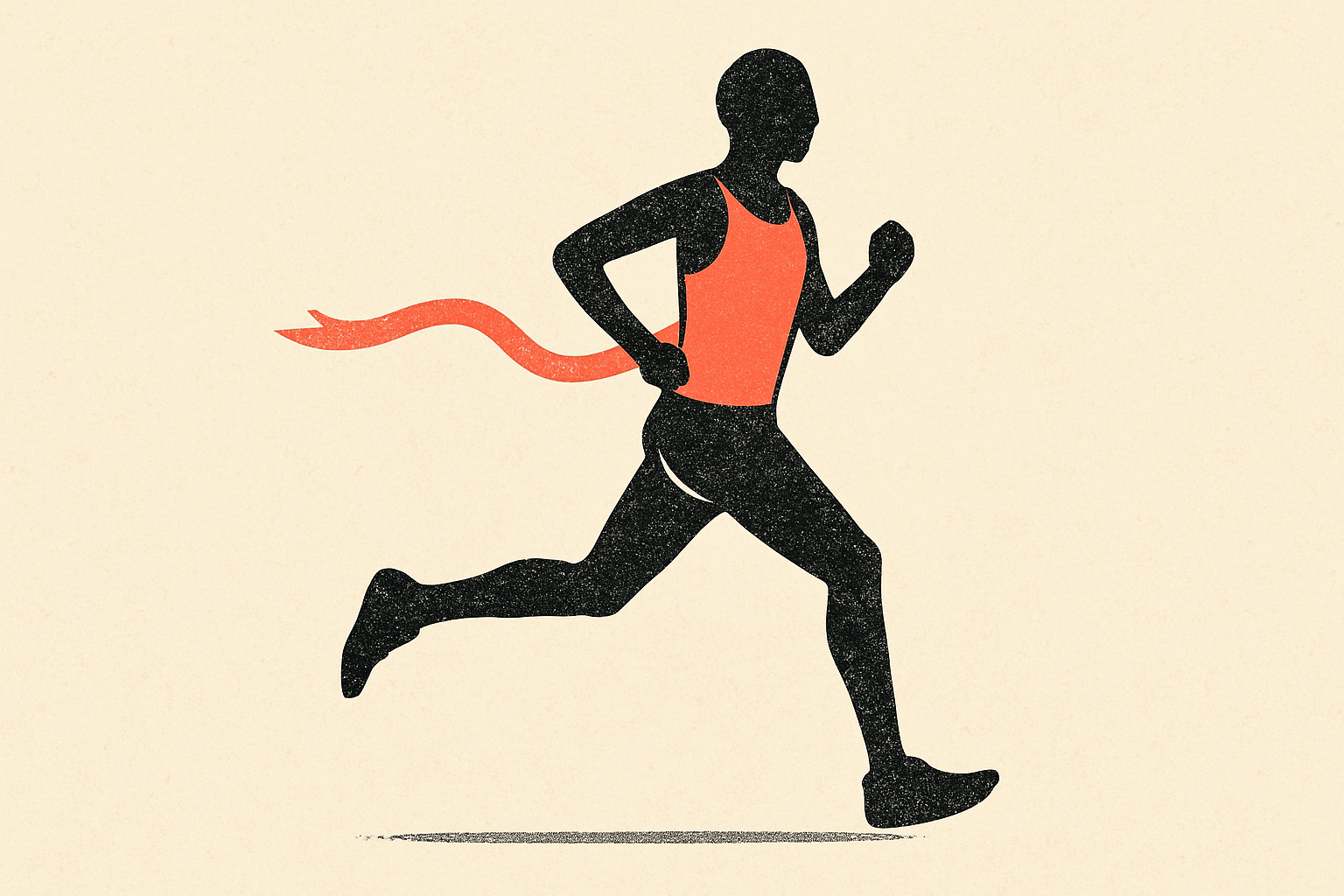 An ink silhouette of a marathon runner mid-stride with a coral ribbon trailing behind.