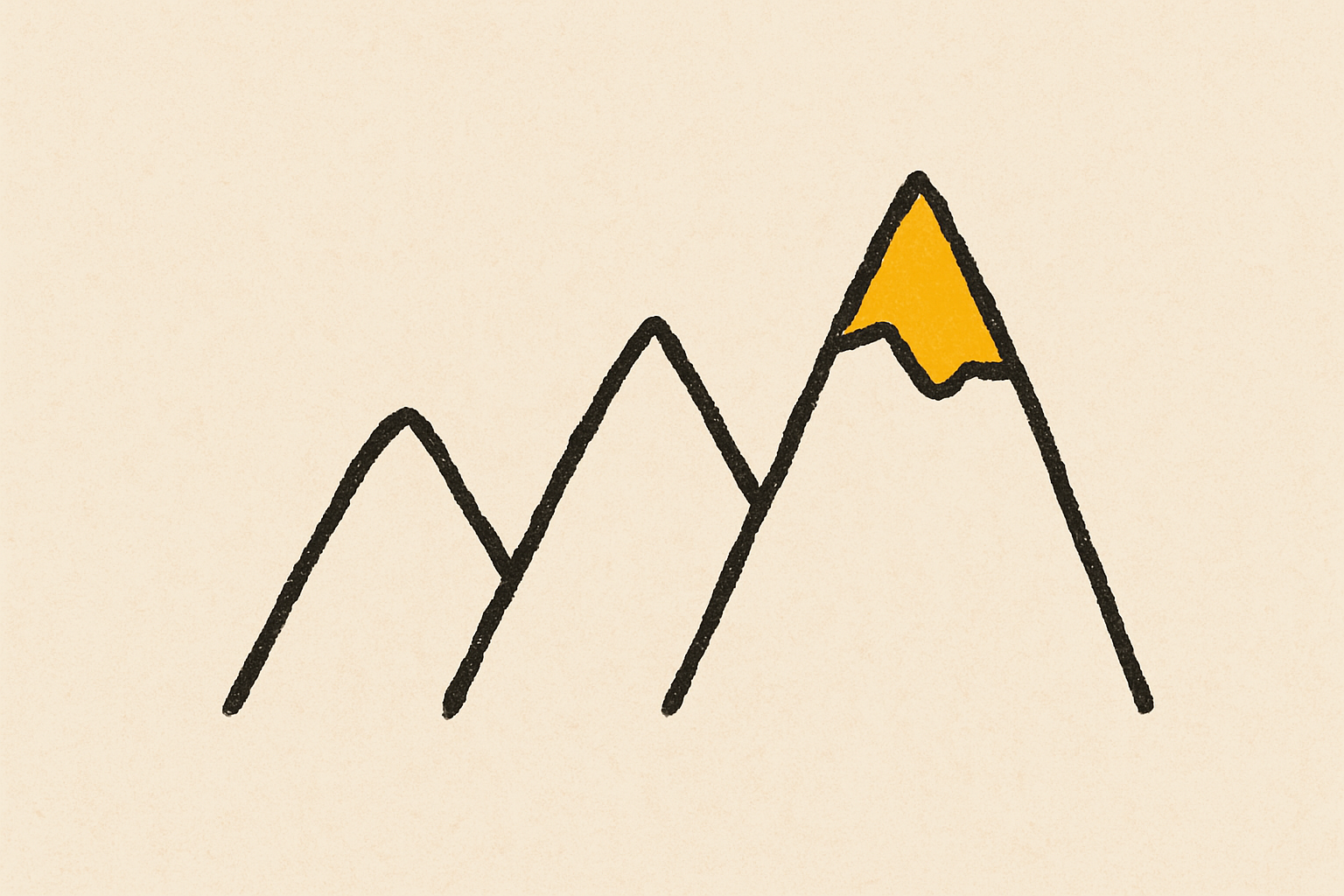 Three rising ink mountain peaks across cream with the tallest tipped in mustard.