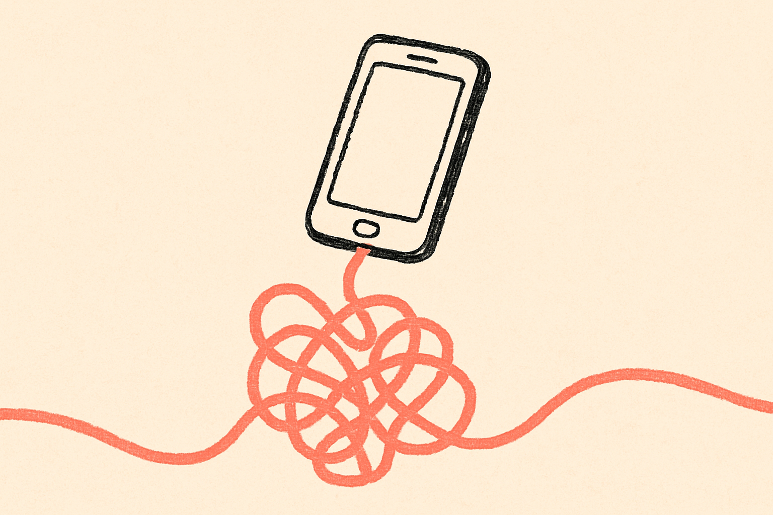 A phone tethered to a tangled coral string that loops anxiously around itself.
