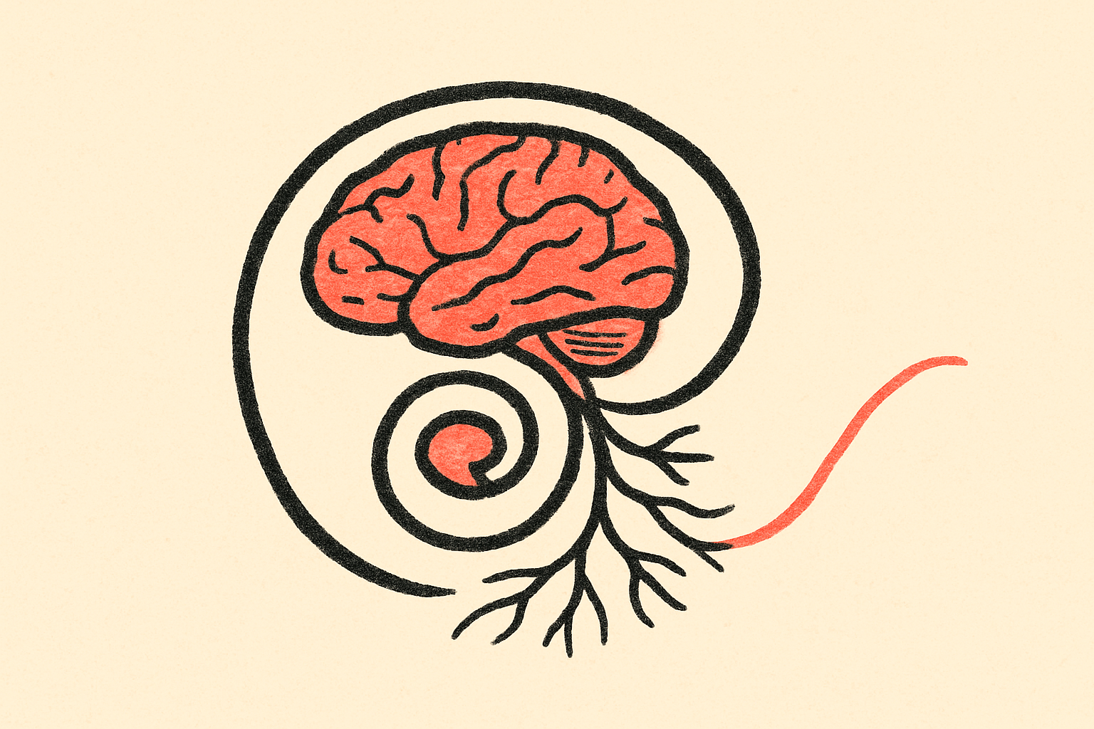 An ink spiral curling into itself with one coral thread escaping outward.