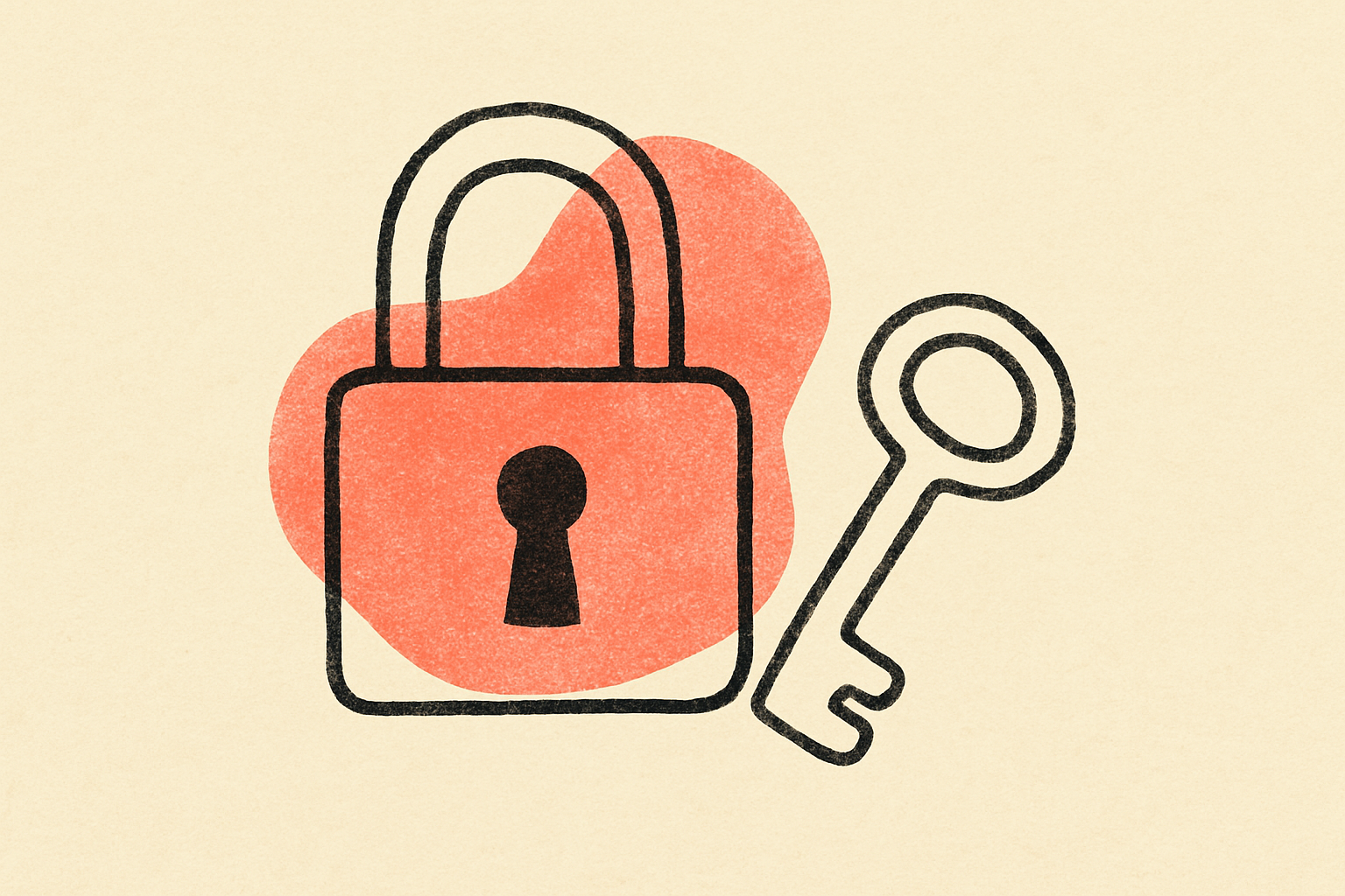A small ink padlock with a bent hand-drawn key and a coral blob behind.