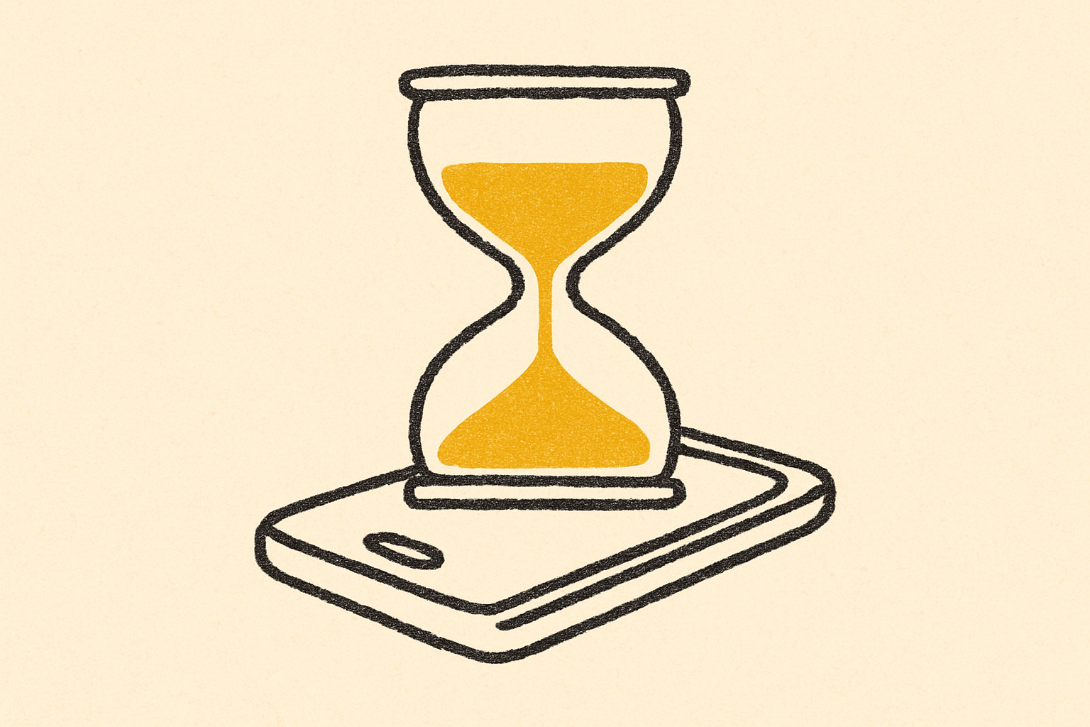 An ink hourglass with mustard sand sitting on top of a closed smartphone outline.