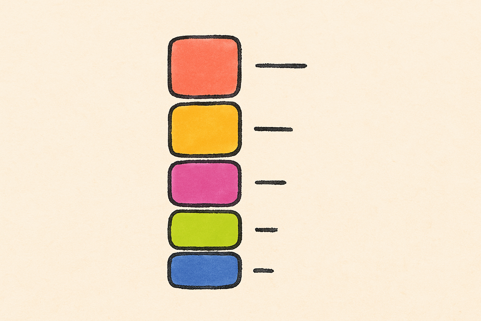 Five stacked colored app-icon squares with small ink ranking notches beside them.