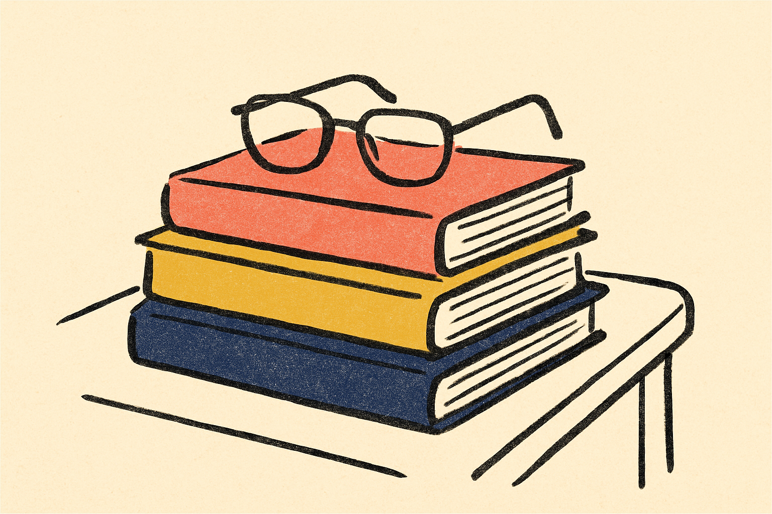A small stack of three colorful books on a nightstand with reading glasses folded on top.