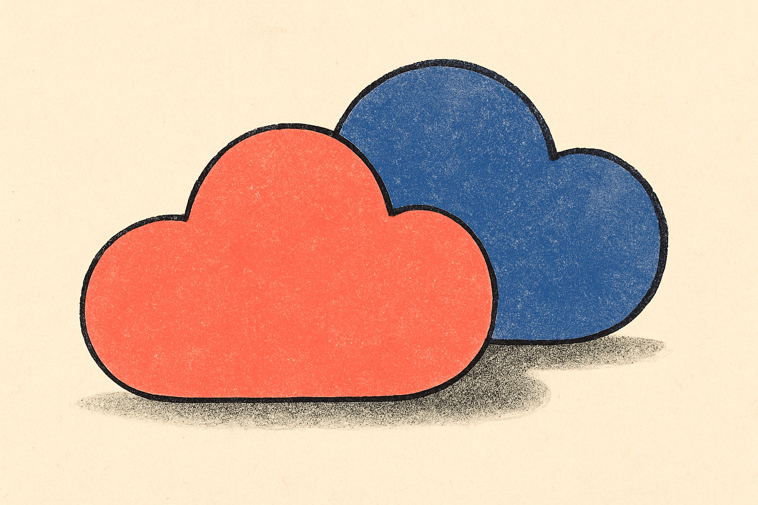 Two overlapping cloud shapes in coral and indigo casting a soft shadow on cream.