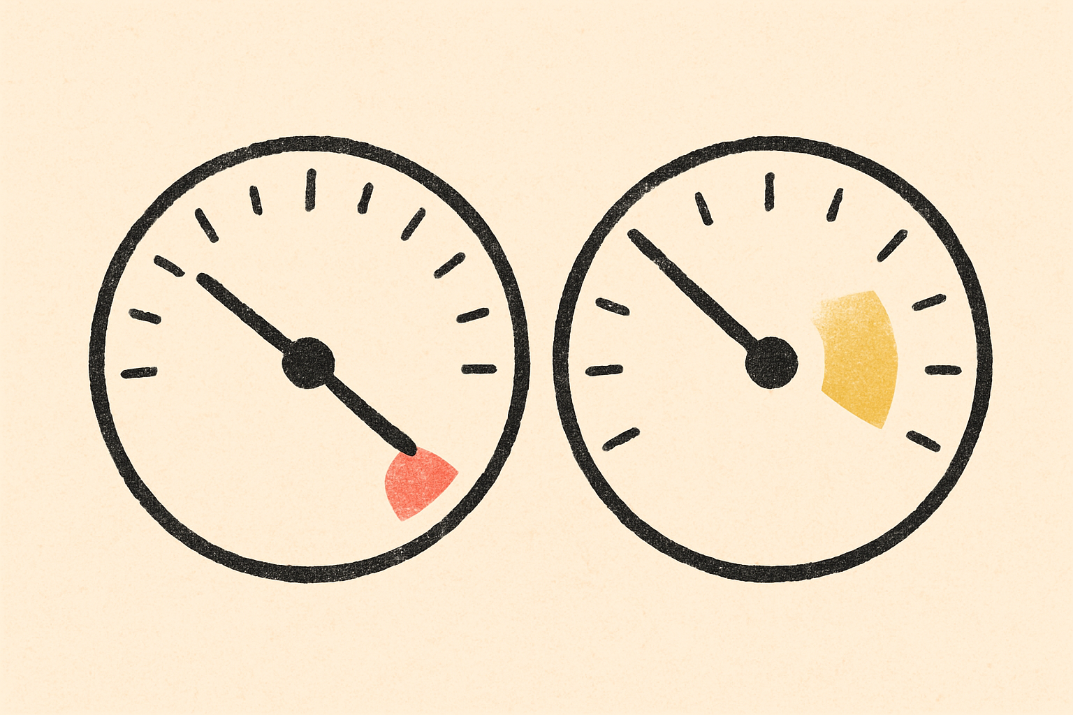 Two analog dials side by side, one needle on coral and one on a mustard arc.