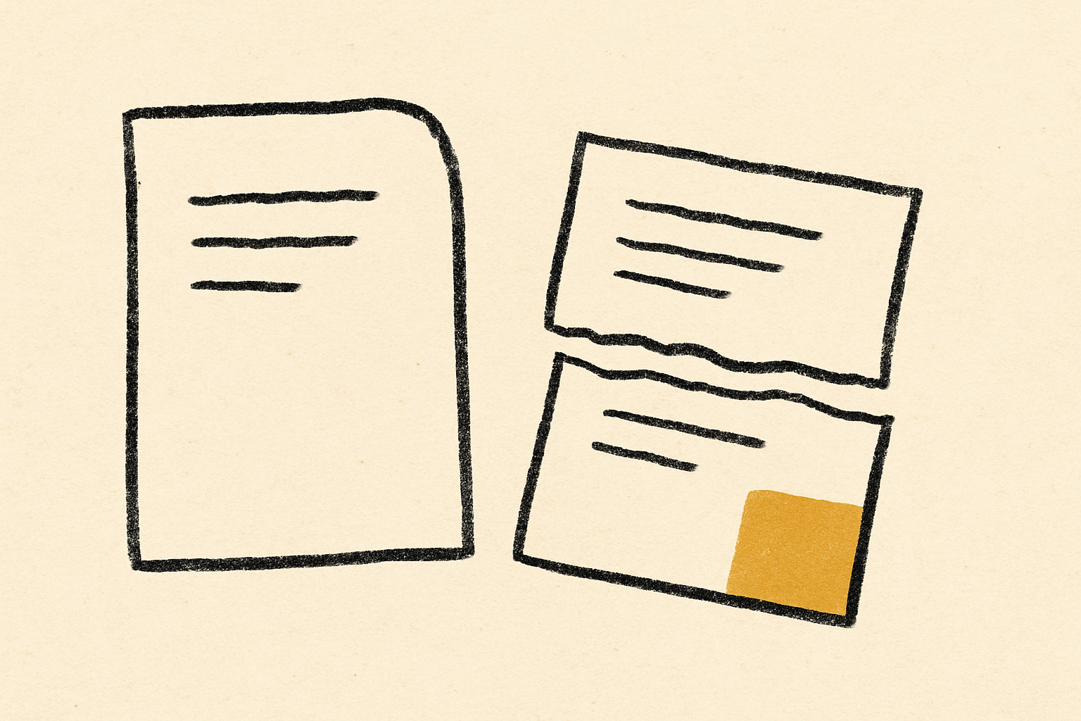 Two paper documents on a desk, one folded and one torn cleanly across, with a mustard blob nearby.