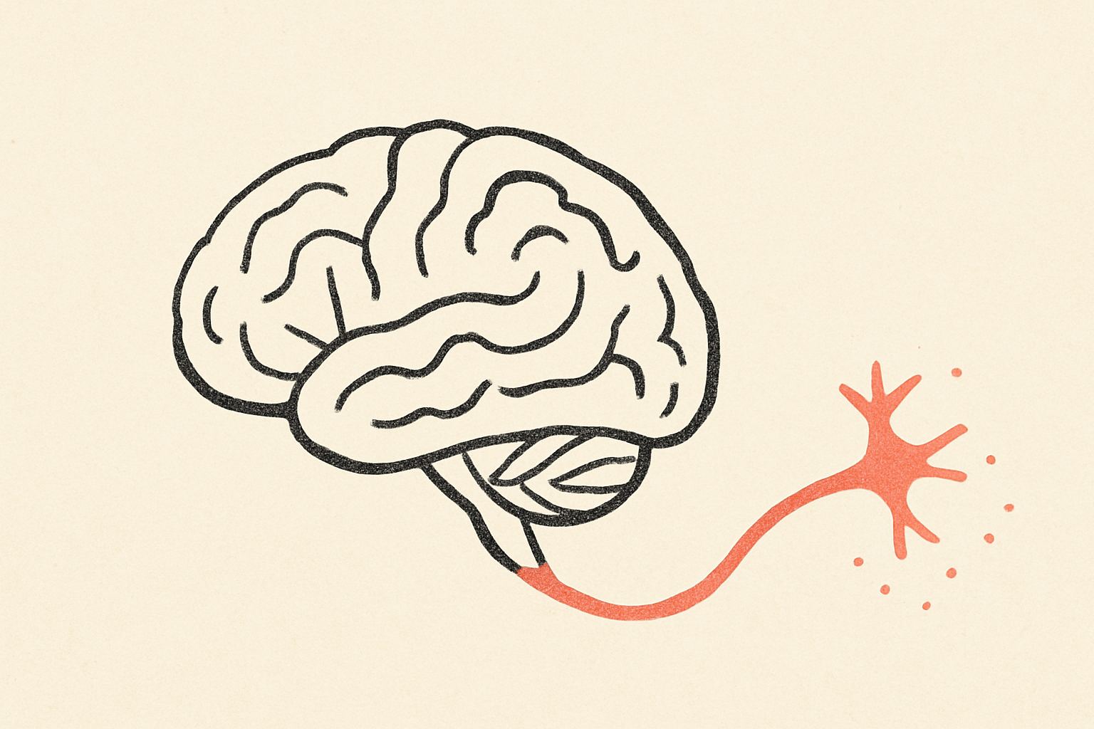 An ink brain with a coral neuron line tapering off into dots.