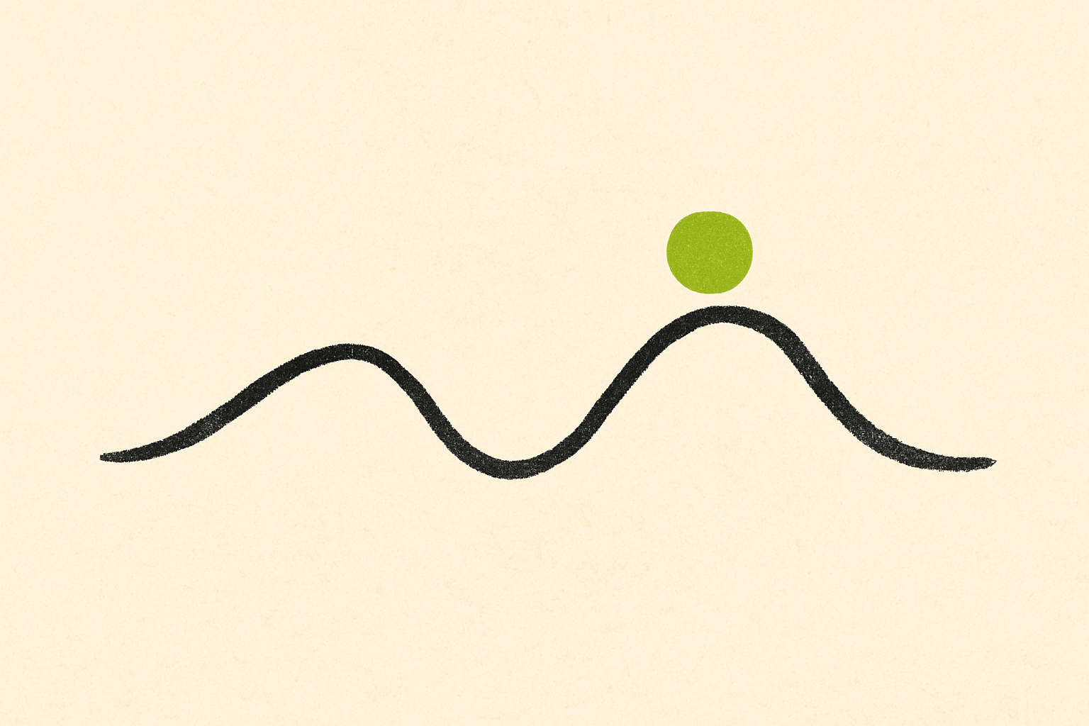 A smooth ink line dipping and rising like a wave with a lime dot at its peak.