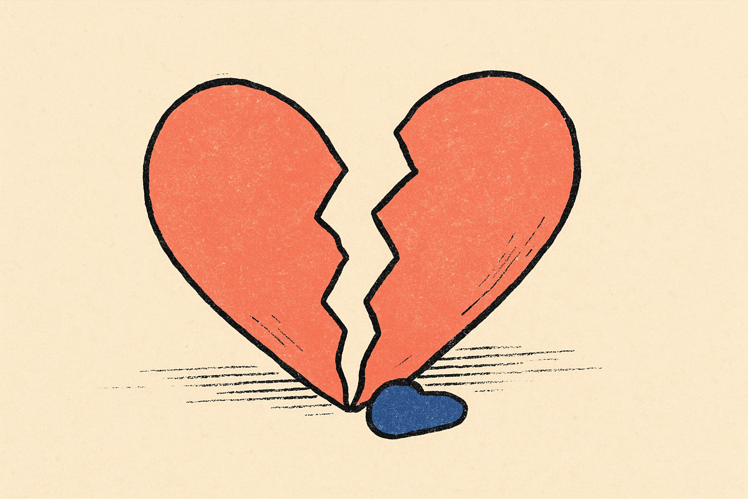 A torn paper heart in two jagged pieces on a cream surface with a small indigo blob between them.