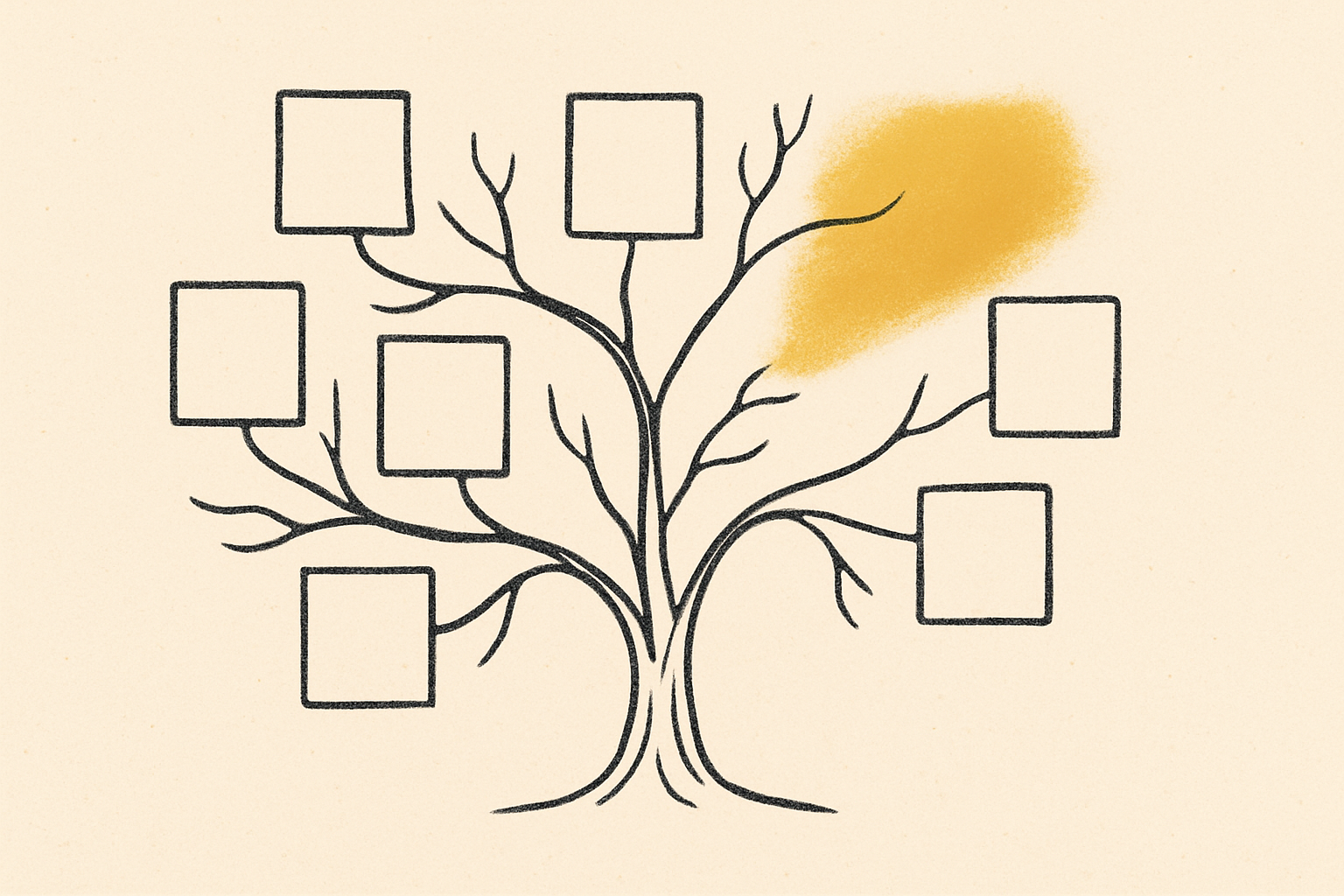 An ink family tree with one branch erased into a soft mustard smudge.