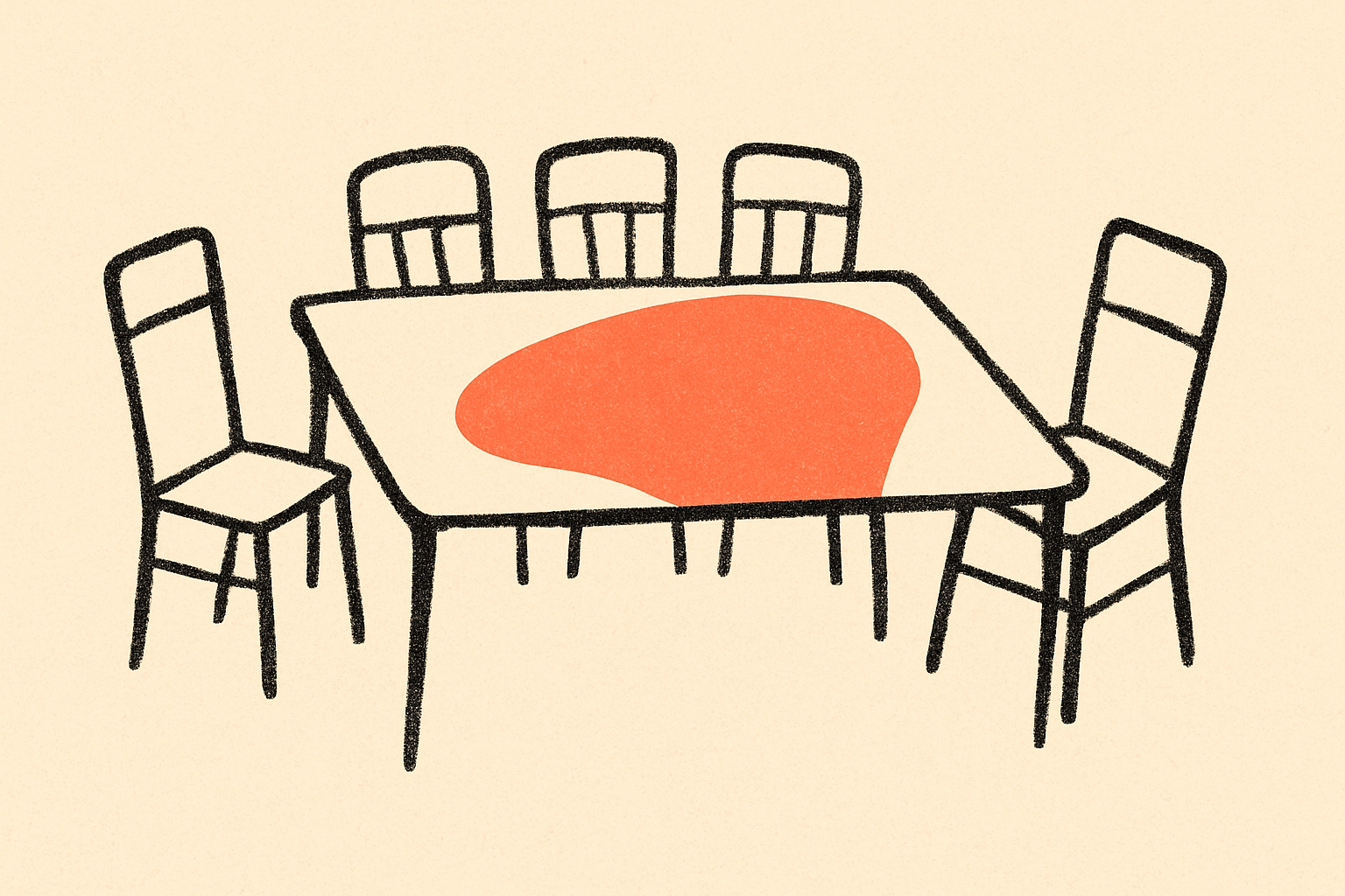 An ink dinner table with five empty chairs and one pulled slightly away.