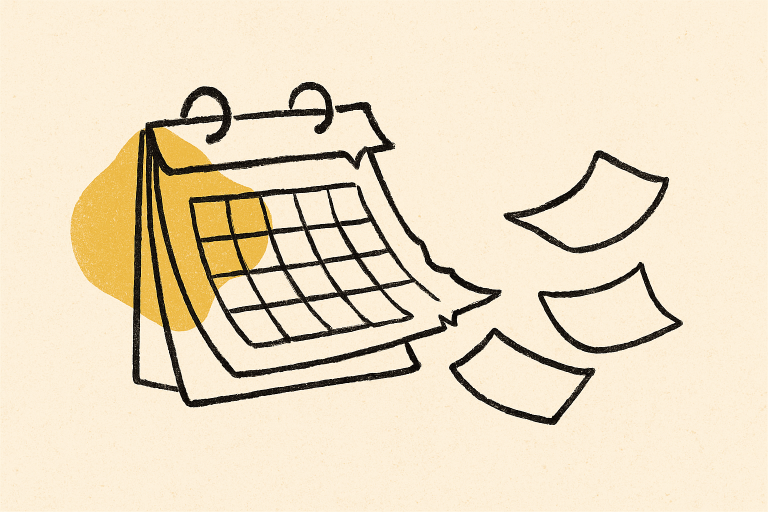 An ink calendar half-torn off with loose pages fluttering and mustard accents.