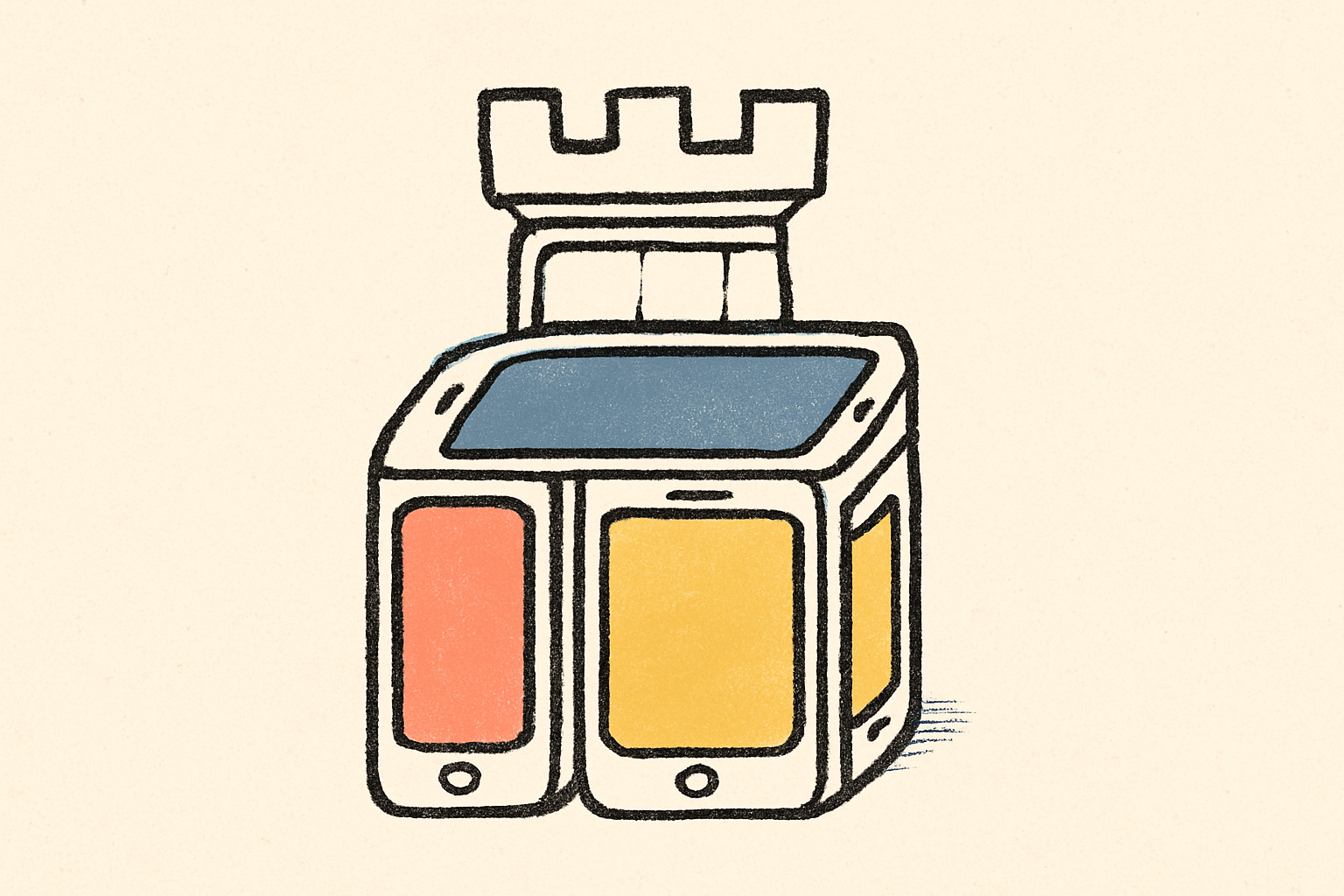 An ink fortress of stacked phone outlines with faces in different palette colors.