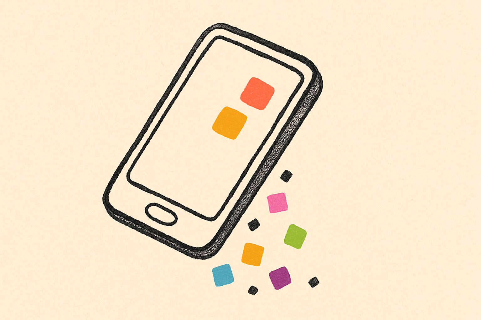 A smartphone tilting forward with small colored squares falling out of the screen like crumbs.