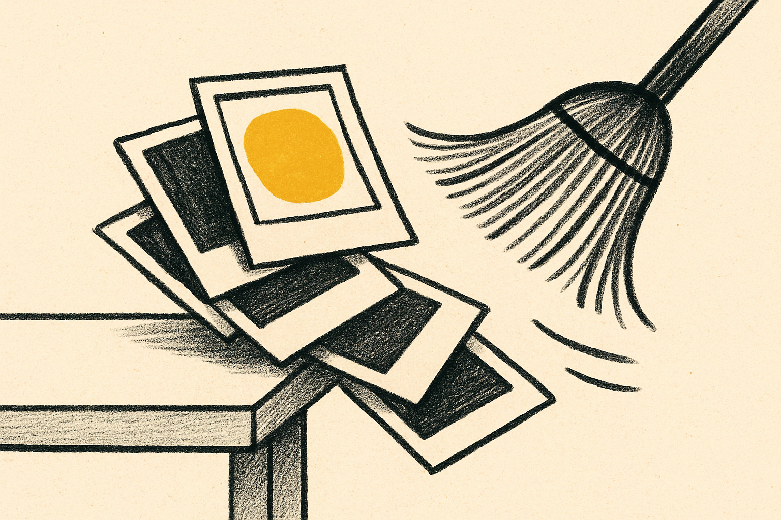 A stack of ink photo rectangles being swept off a cream desk, top stained mustard.
