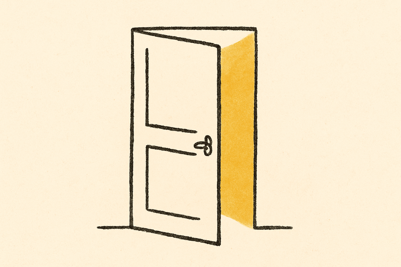 A hand-drawn doorway slightly ajar revealing a wedge of mustard light beyond.