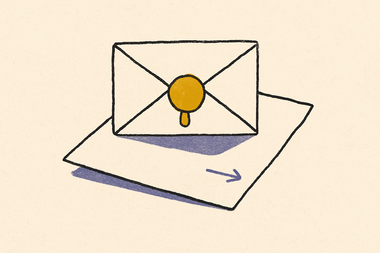 An ink envelope sealed with mustard wax on a folded letter with a tiny indigo arrow.