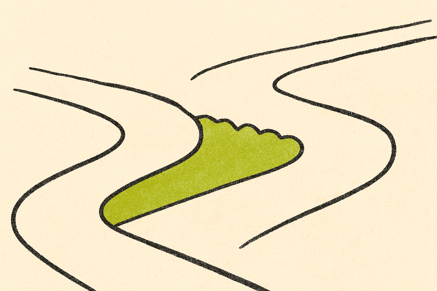 Two parallel ink pathways across cream separated by a low lime hedge shape.