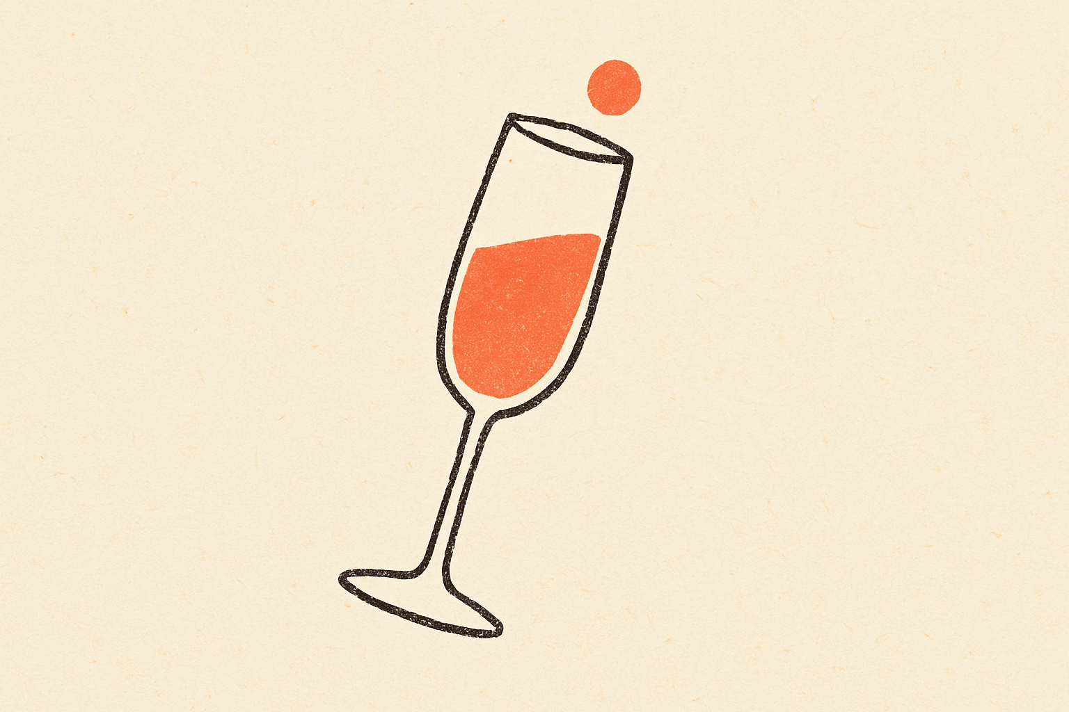 An ink champagne flute tipping slightly with a small coral bubble rising from the rim.