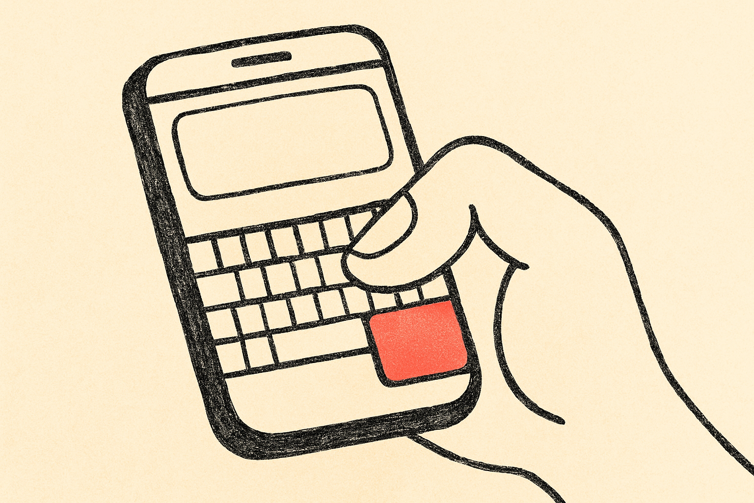 An ink thumb hovering over a smartphone keyboard with a coral block covering the send button.
