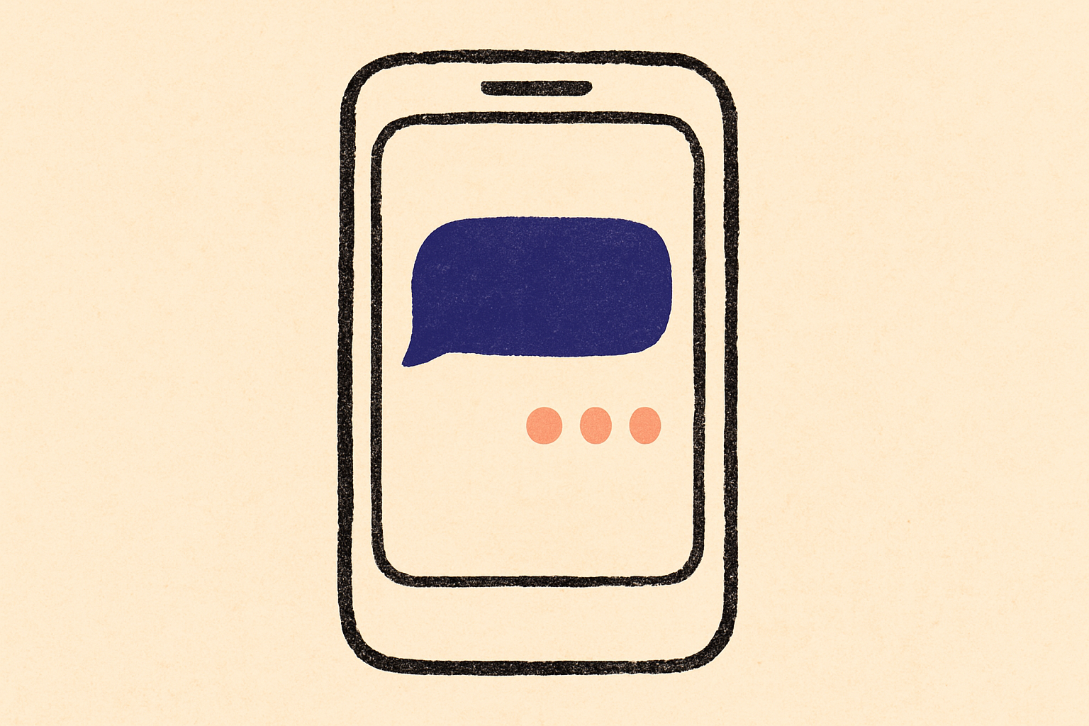 An ink smartphone with an indigo received bubble and three coral typing dots underneath.