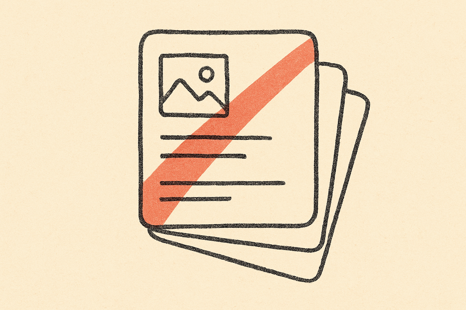 Three ink feed cards stacked with the top one slashed by a single coral diagonal line.