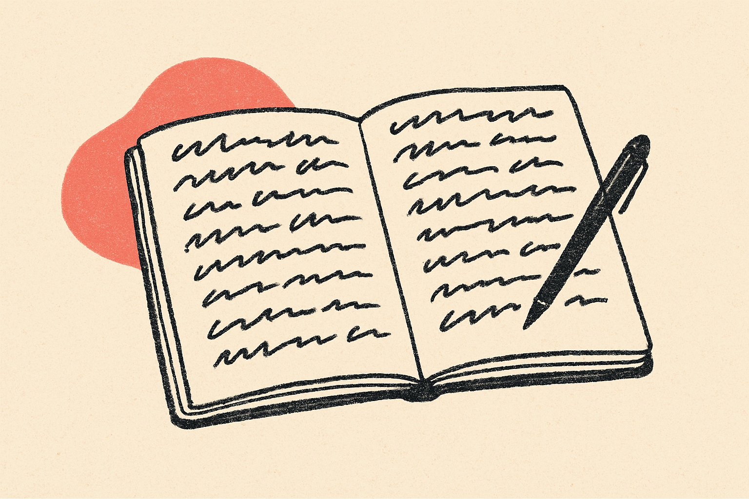 An open paper journal with rows of abstract ink scribbles and a pen resting mid-page.