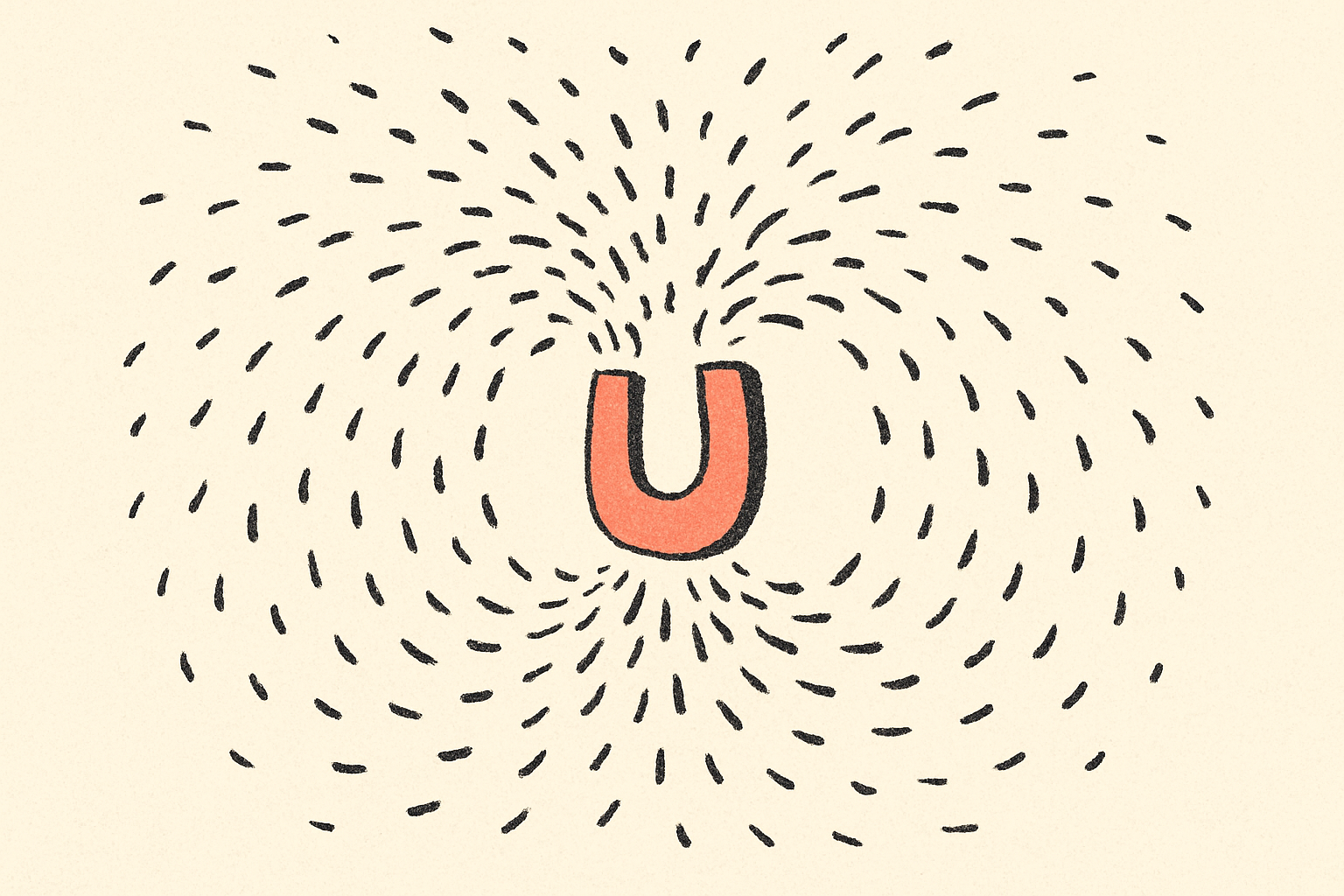 A small coral magnet suspended in air drawing a swarm of tiny ink filings toward it.