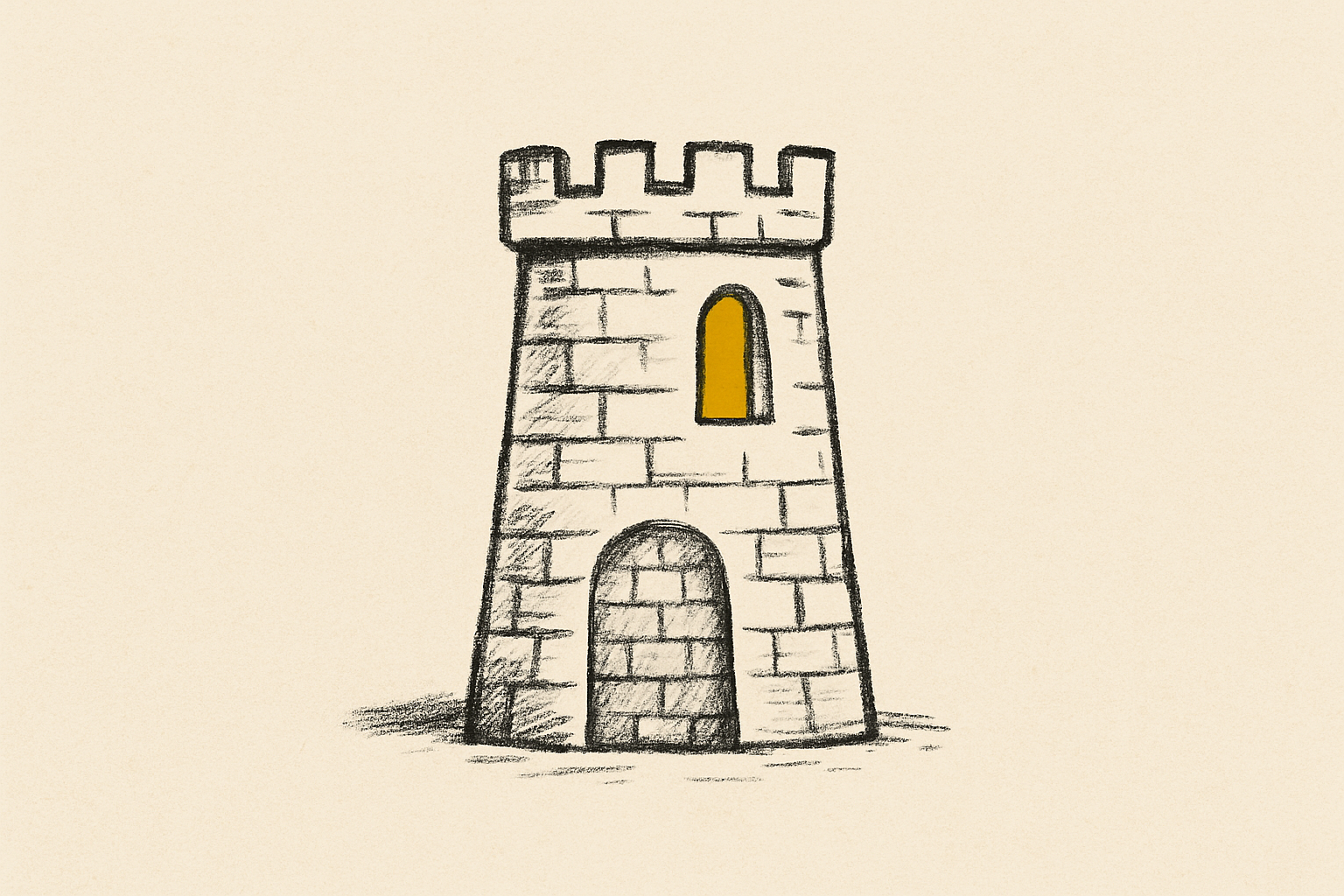 An ink fortress tower with a single mustard-lit window and a bricked-over door.
