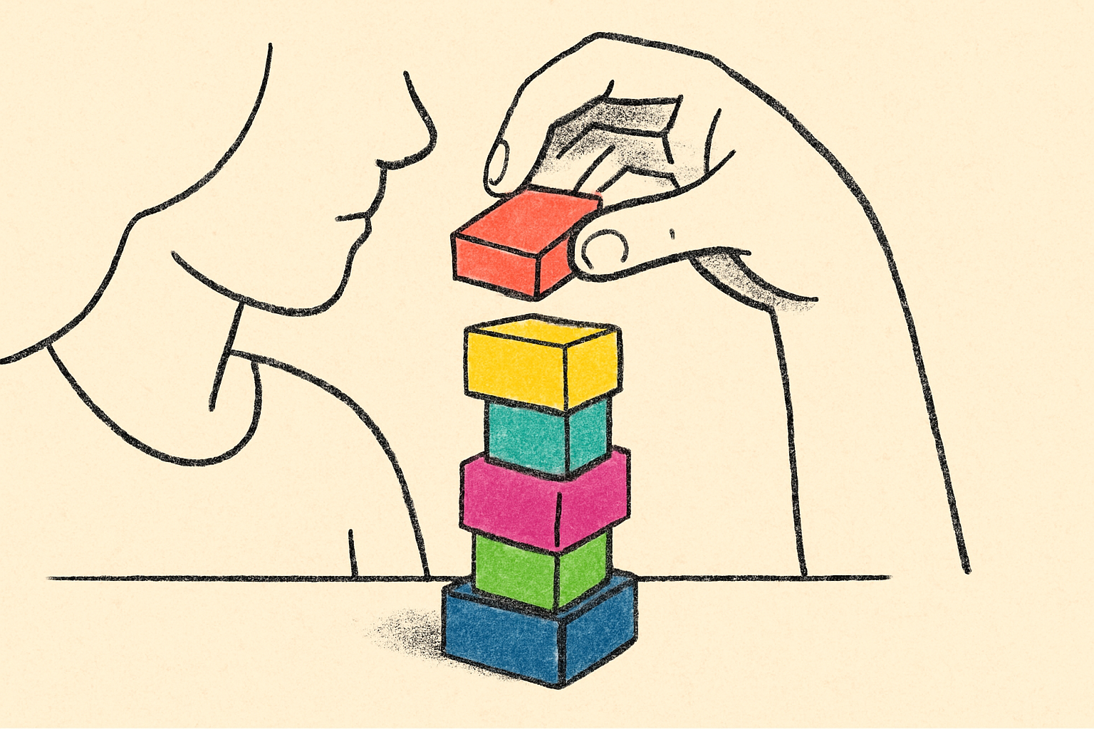 A hand stacking small wooden blocks into a tower with each block a different palette color.