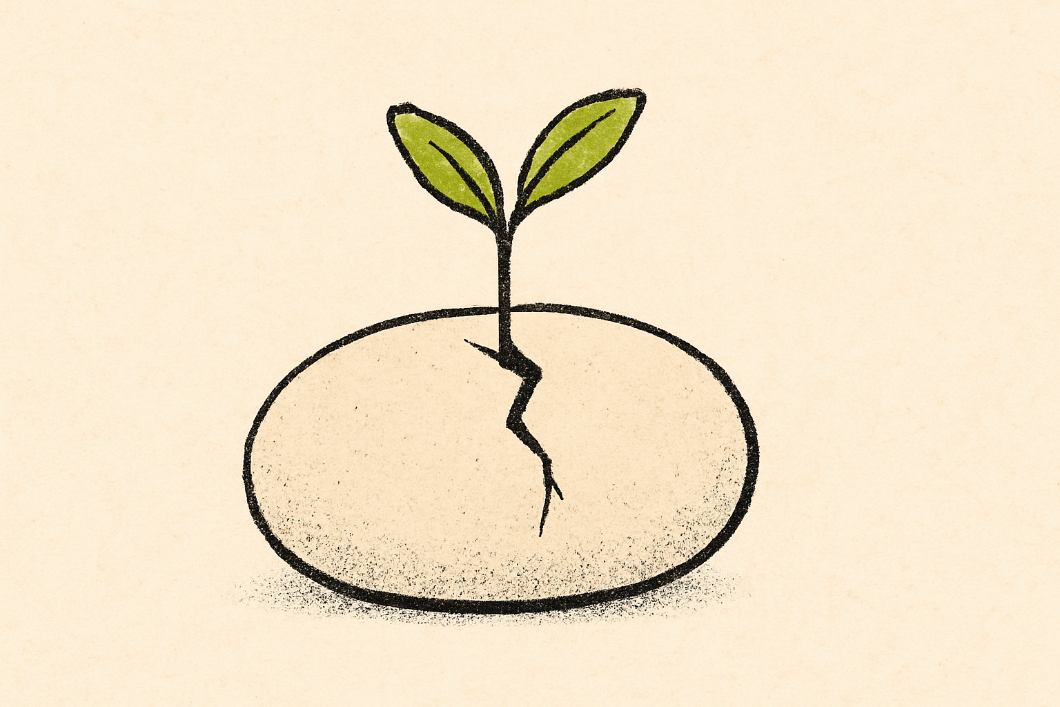 A small green sprout emerging from a hairline crack in a cream stone with lime accents.