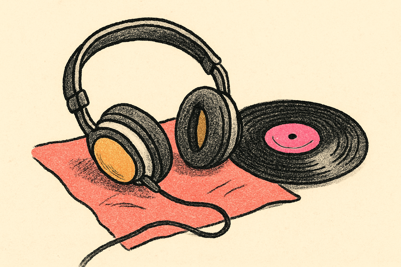 Vintage headphones on a coral cloth background with a single vinyl record half visible beside them.
