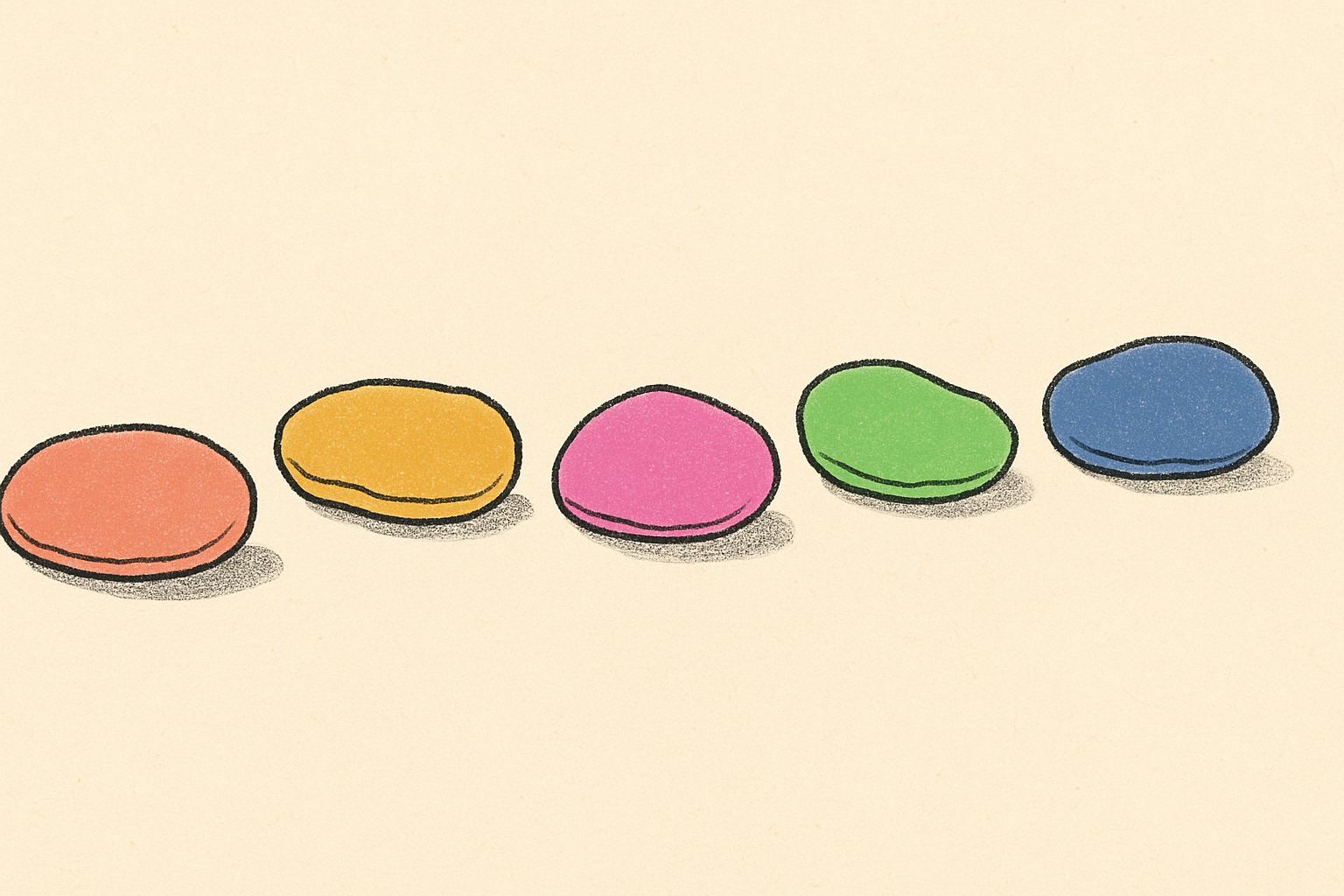 Five hand-drawn stepping stones across the page, each a different palette color, with soft shadows.