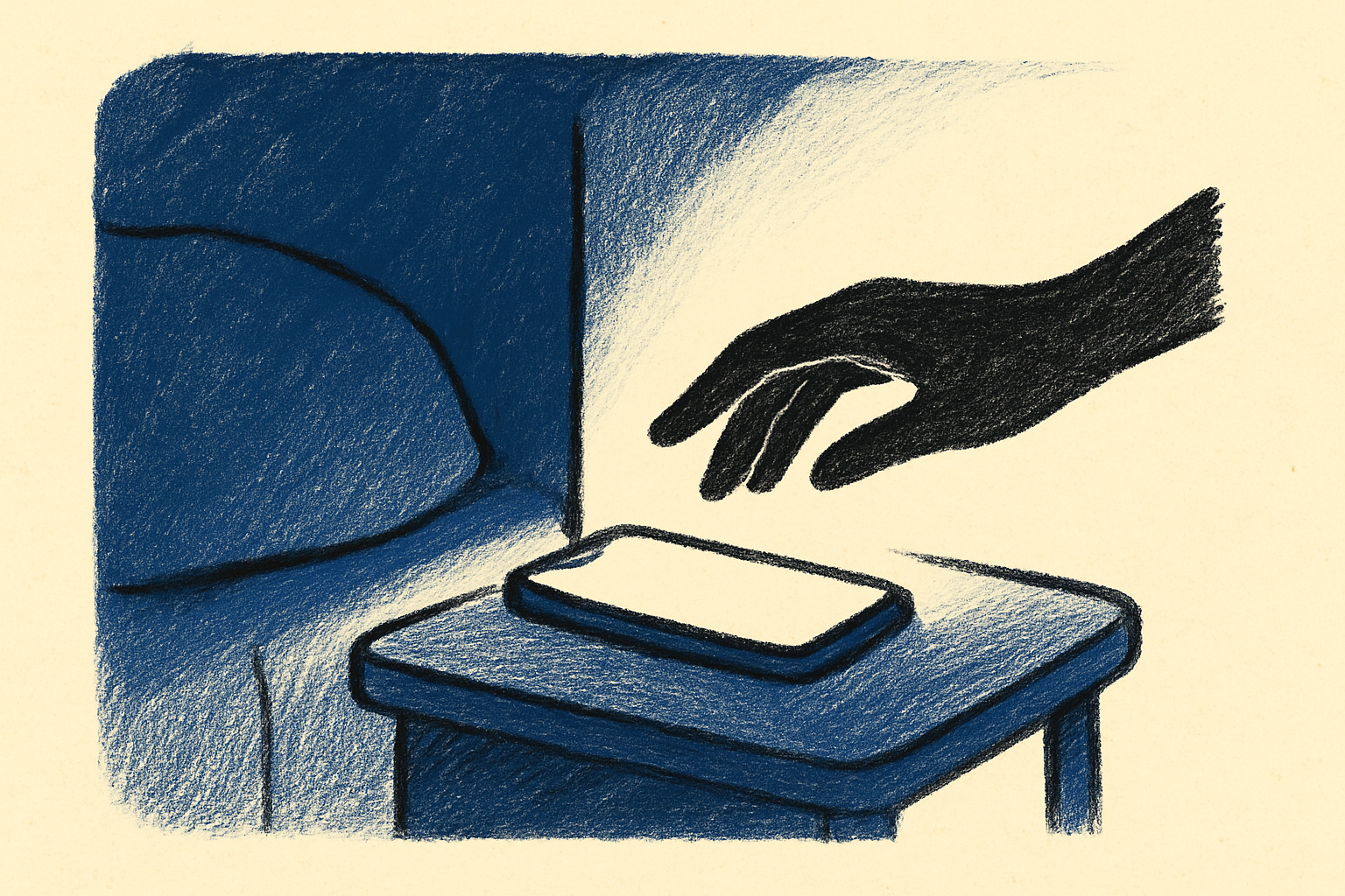 A softly glowing phone on a bedside table with a single hand silhouette hovering above it on an indigo background.