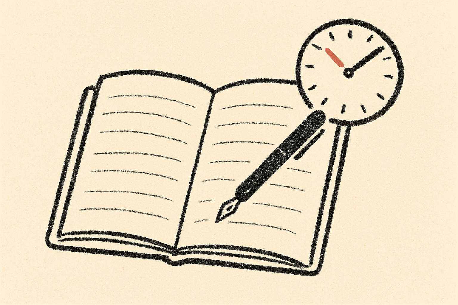 An open ink journal with a pen mid-stroke and a small clock in the corner showing a late hour.