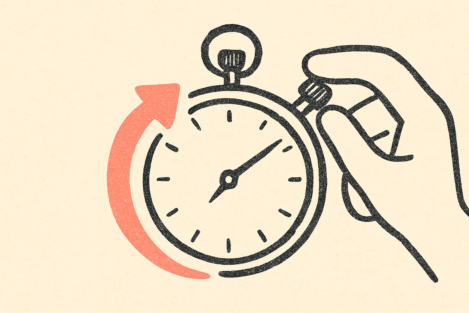 An ink analog stopwatch with the reset button pushed and a coral arrow circling to zero.