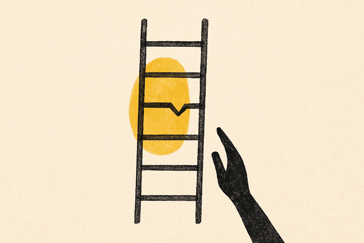 An ink ladder with one broken rung and a hand silhouette reaching to the next rung.