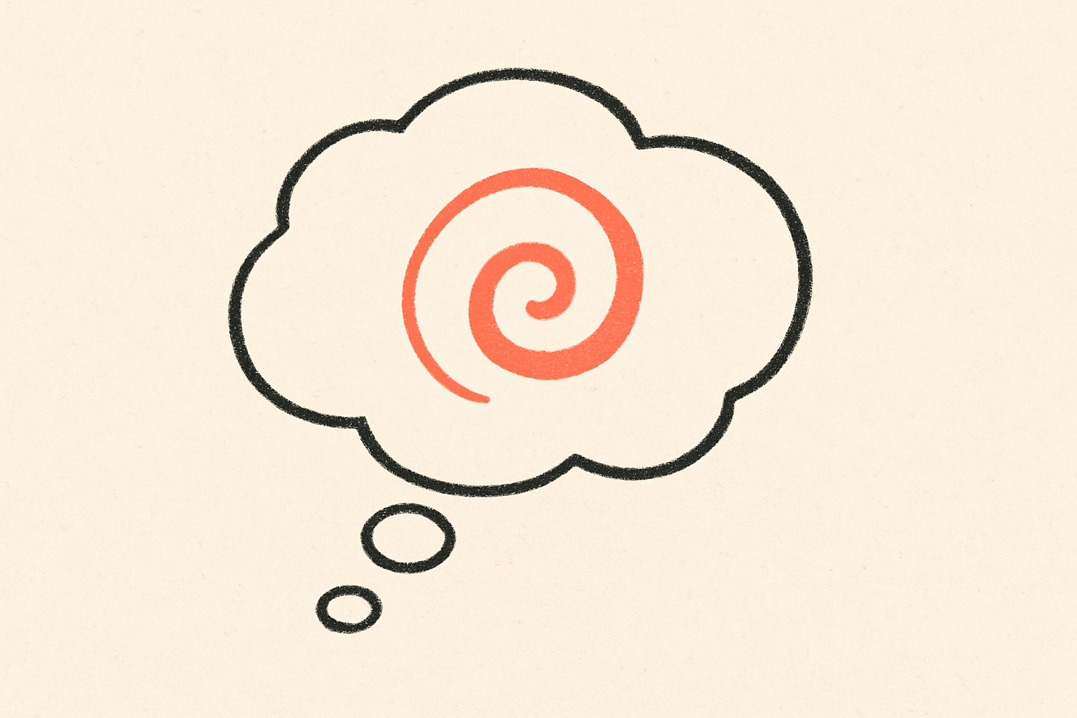 A thought bubble in ink with a small coral spiral curling inside, no person attached.