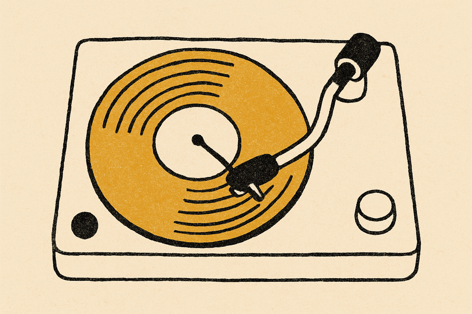 An ink record player with the needle stuck in a groove on a soft mustard record.