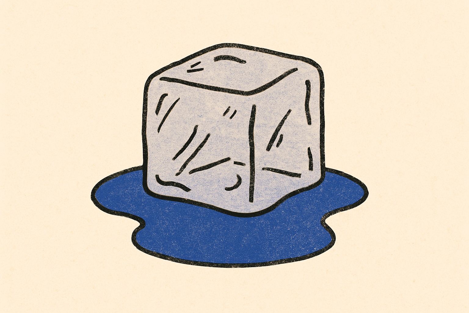 An ink ice cube melting on cream with a small indigo puddle forming beneath it.
