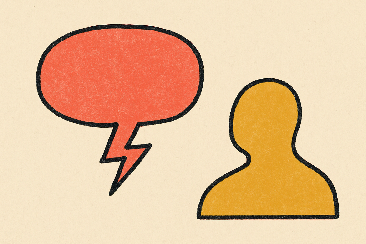 A jagged coral lightning-bolt speech bubble pointing toward a soft mustard listener shape.