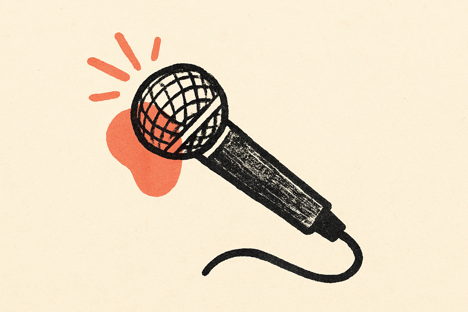 An ink microphone tipped sideways with a small coral burst of energy from the head.