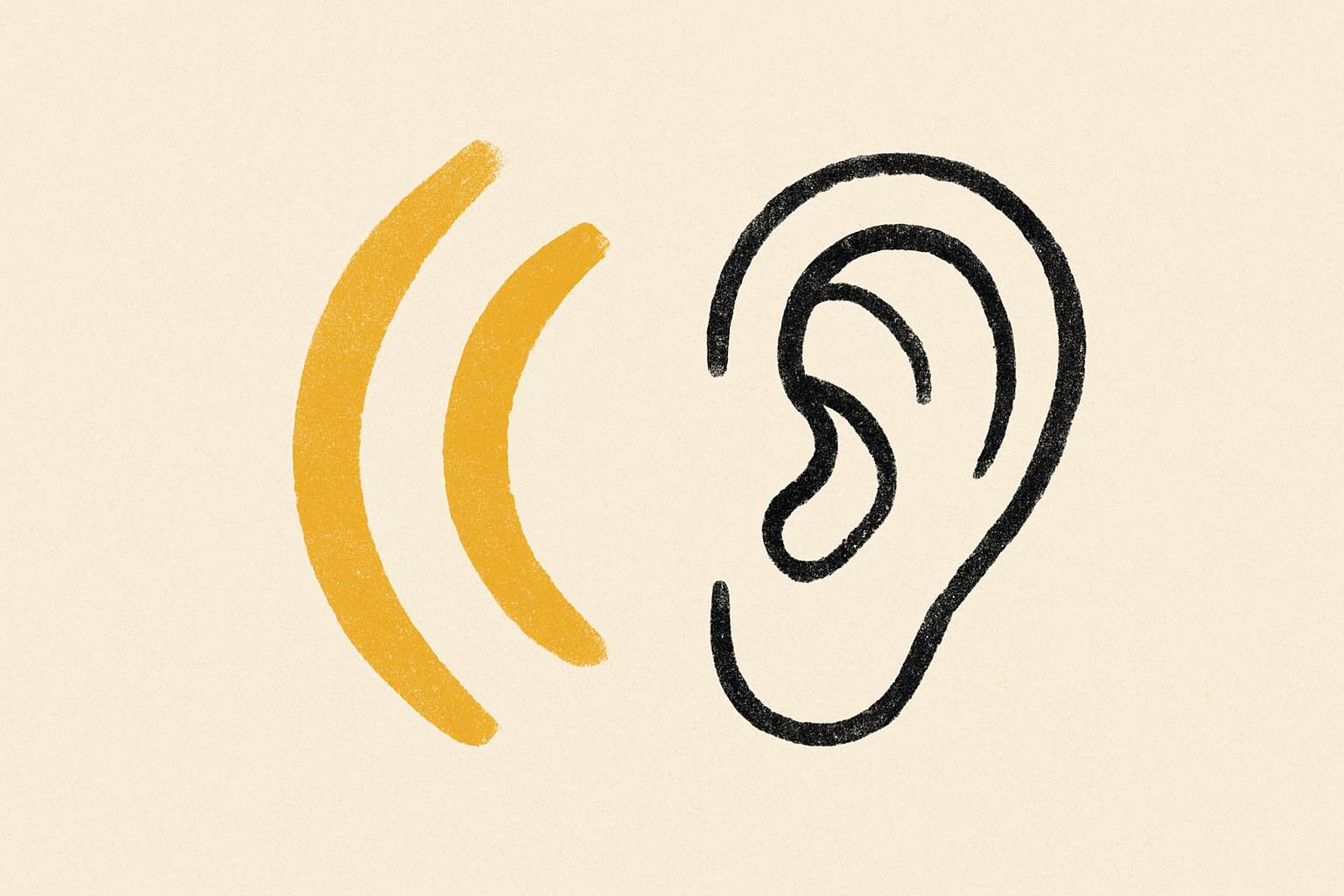 An ink ear with three soft mustard sound wave arcs curving toward it from the left.
