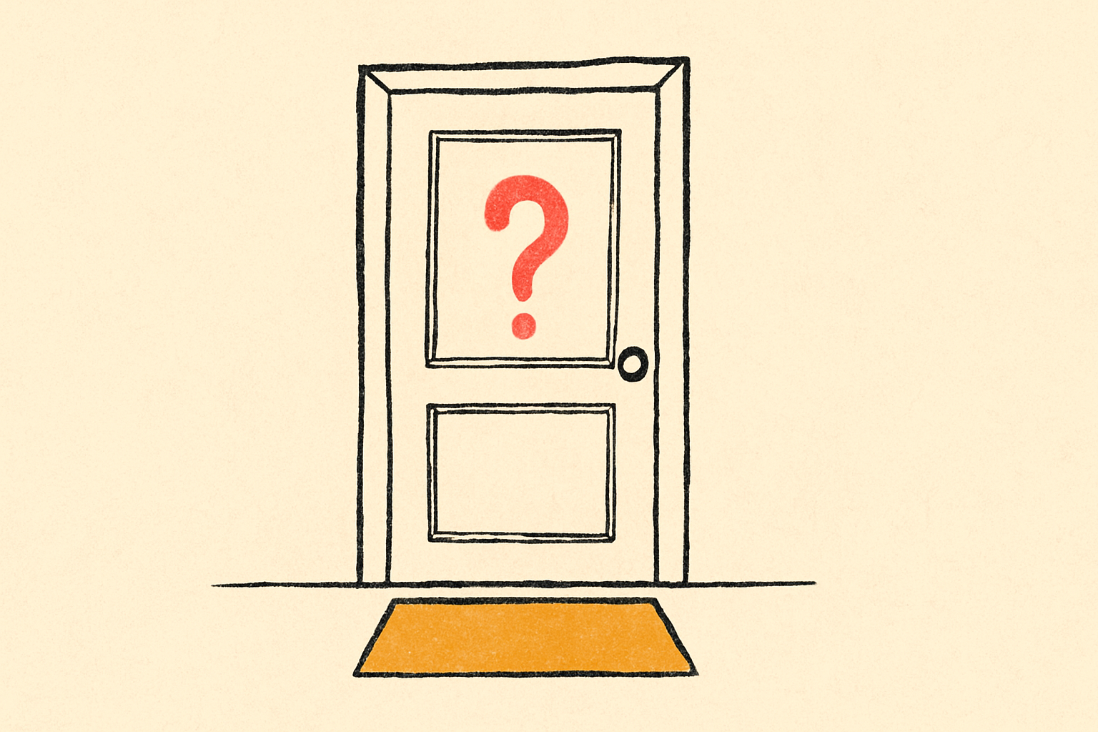 A closed ink-drawn door with a small coral question mark on its surface and a mustard mat in front.
