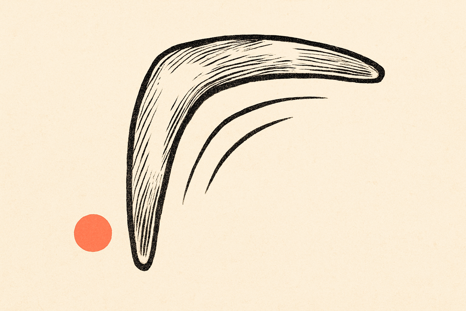 An ink boomerang in mid-arc across cream with a small coral dot at its origin.